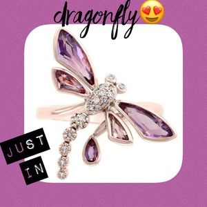 18k Rose Gold over Sterling Silver Dragonfly Ring w/inlaid diamonds. NEW.
